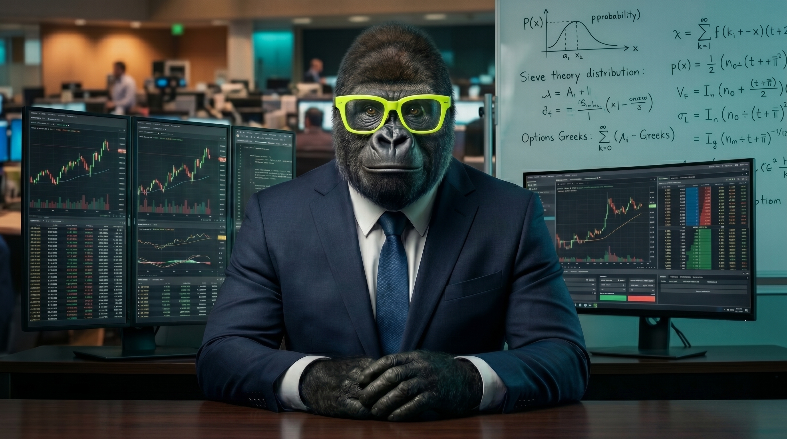 Kong, a young adult gorilla in a navy suit and neon yellow-green Wayfarer glasses, seated at a quantitative trading desk with monitors and a whiteboard of sieve-theory equations