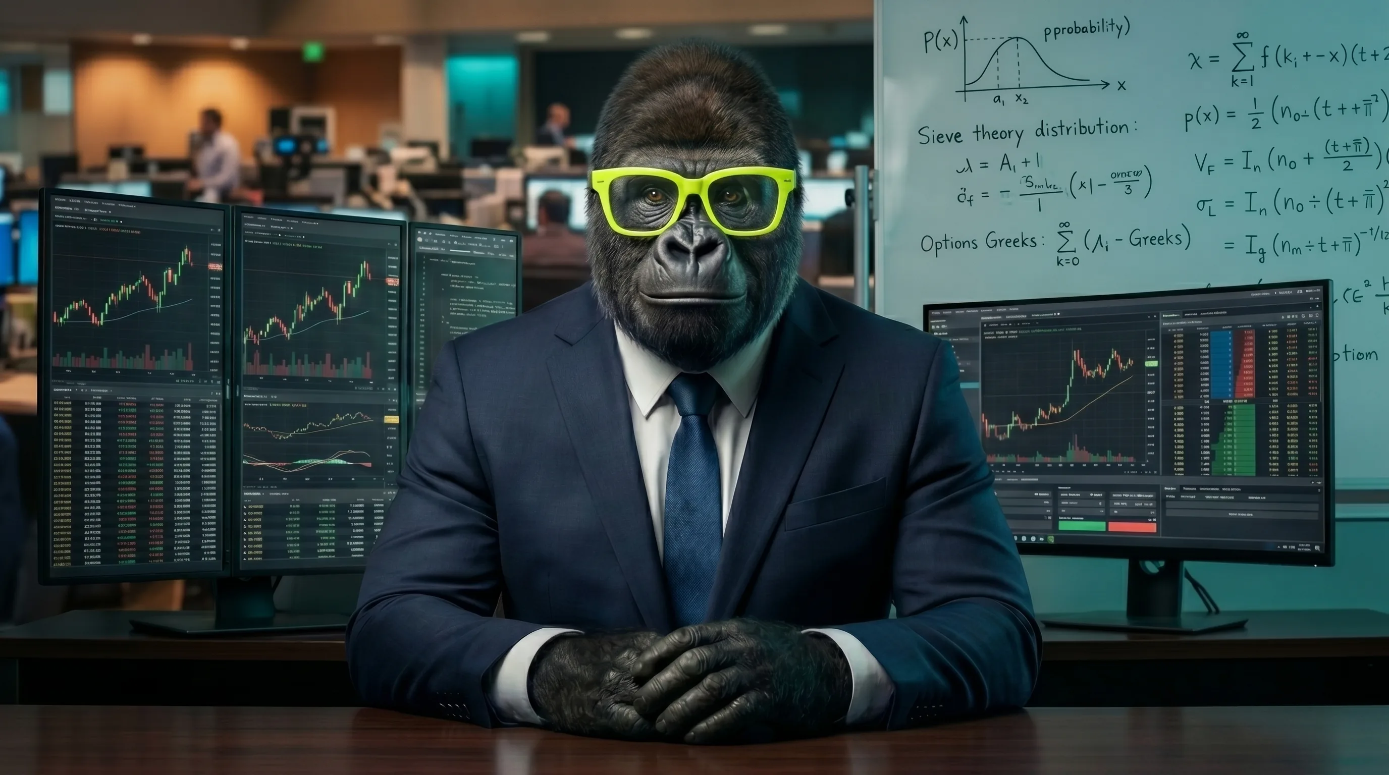 Kong, a young adult gorilla in a navy suit and neon yellow-green Wayfarer glasses, seated at a quantitative trading desk with monitors and a whiteboard of sieve-theory equations