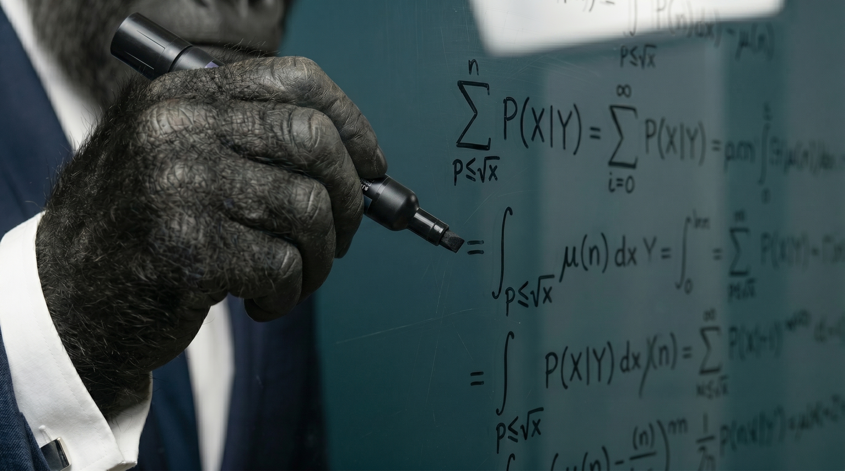 Detail of Kong's whiteboard, covered in handwritten probability and sieve-theory equations